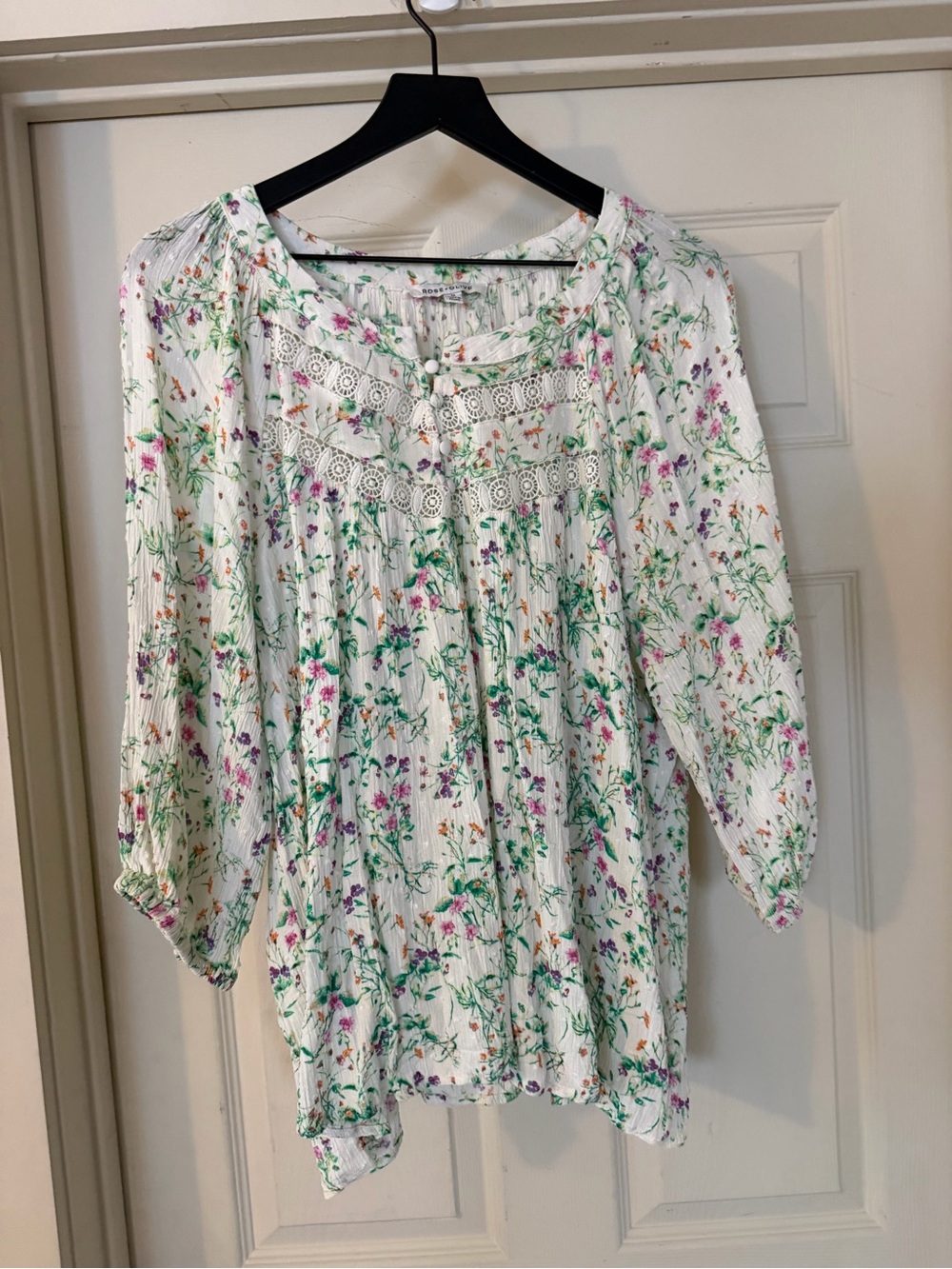 Rose & Olive Cream Floral Crochet-Yoke Peasant Blouse Flowy - Picture 2 of 9